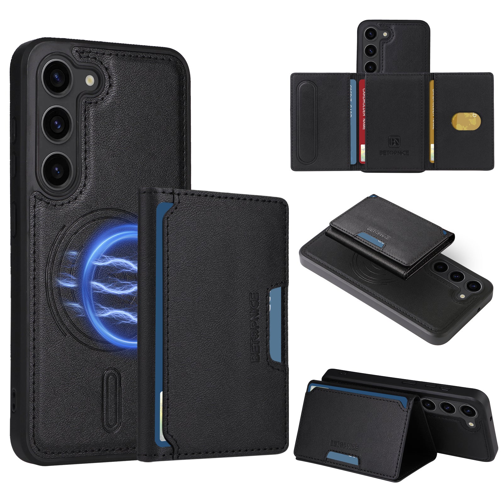 For Samsung Galaxy S23 Magnetic Case BETOPNICE Leather Phone Cover Kickstand with Detachable Card Bag