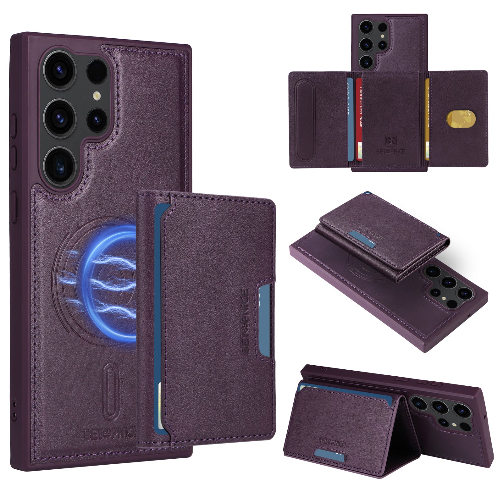 For Samsung Galaxy S23 Ultra Magnetic Case BETOPNICE Leather Phone Cover Kickstand with Detachable Card Bag