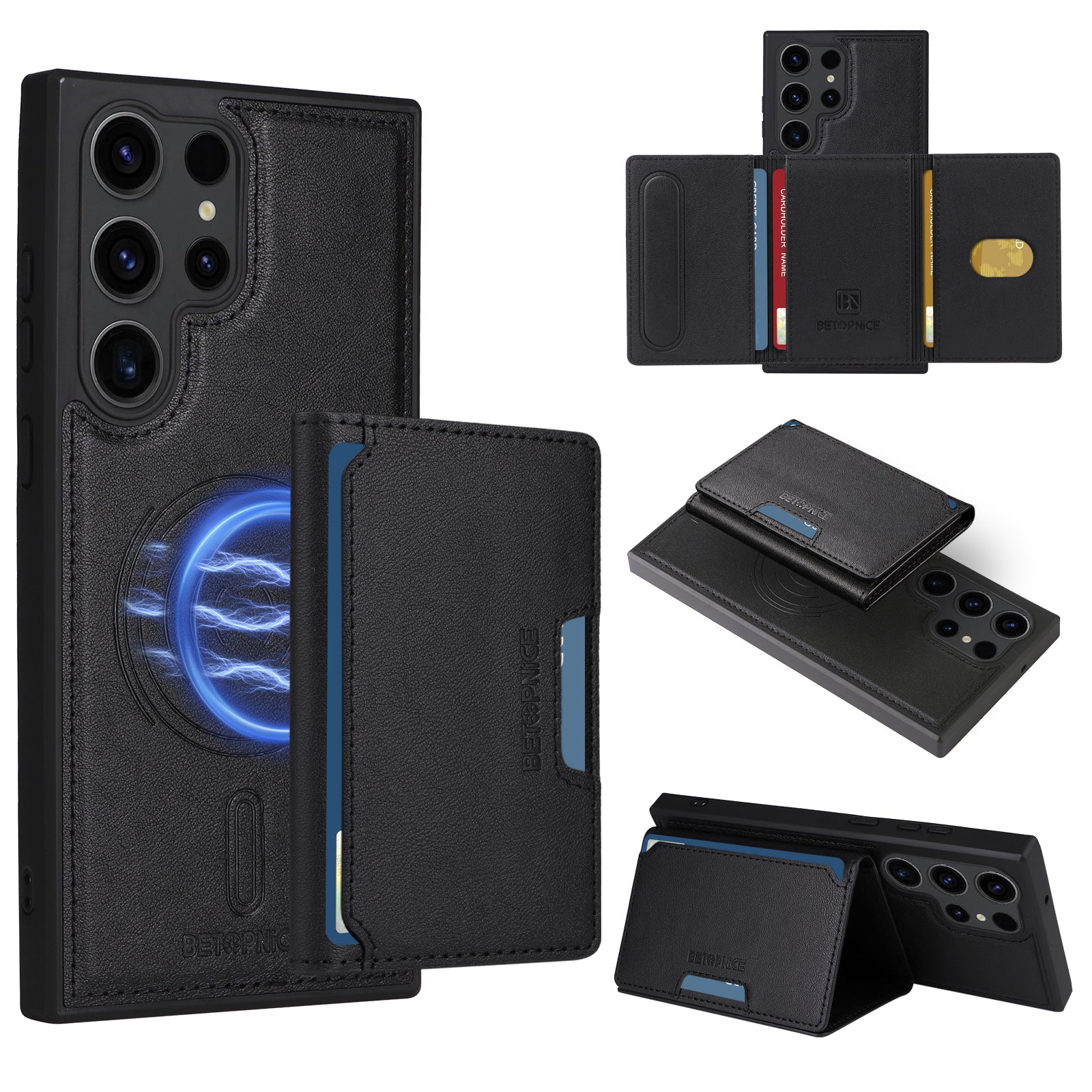 For Samsung Galaxy S23 Ultra Magnetic Case BETOPNICE Leather Phone Cover Kickstand with Detachable Card Bag