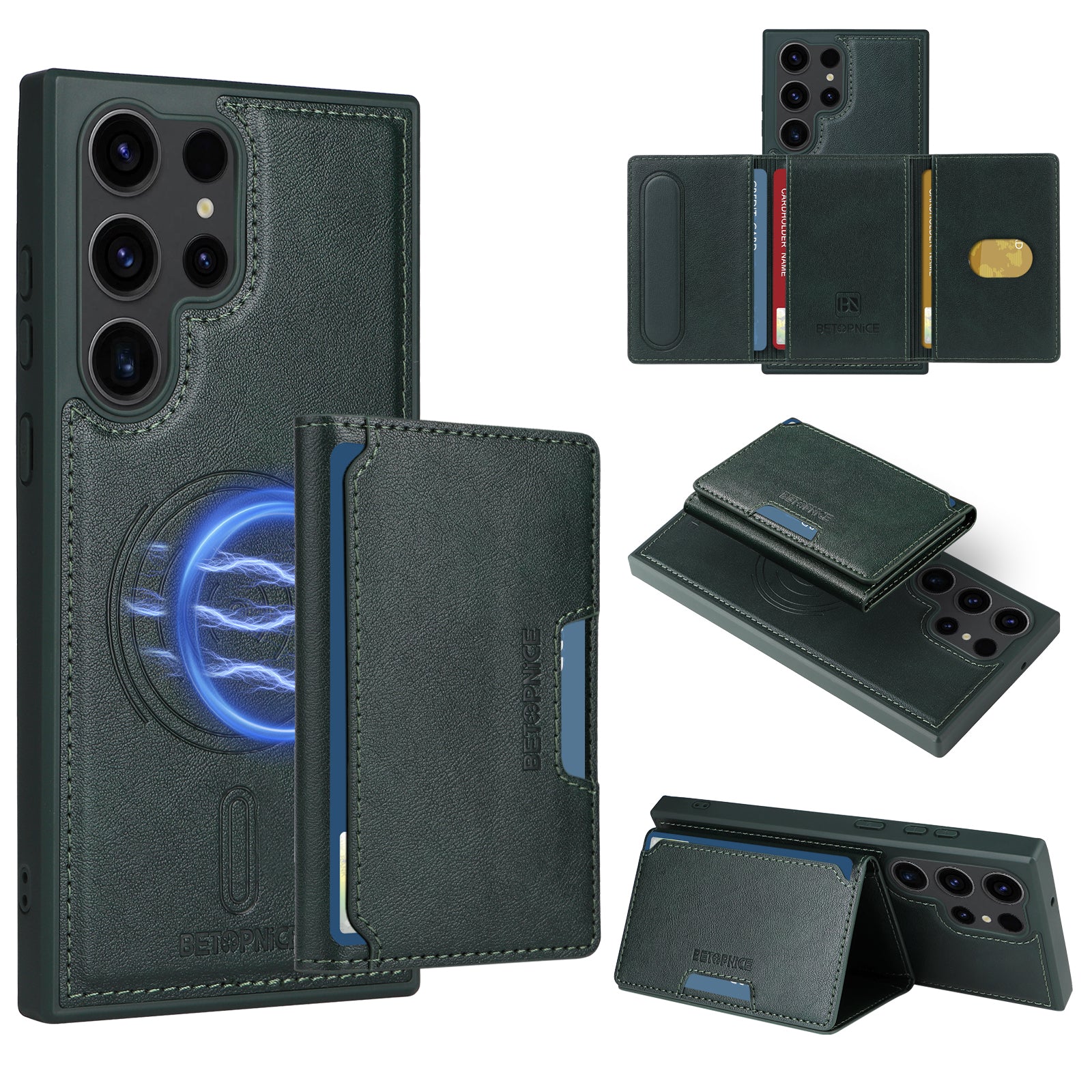 For Samsung Galaxy S23 Ultra Magnetic Case BETOPNICE Leather Phone Cover Kickstand with Detachable Card Bag