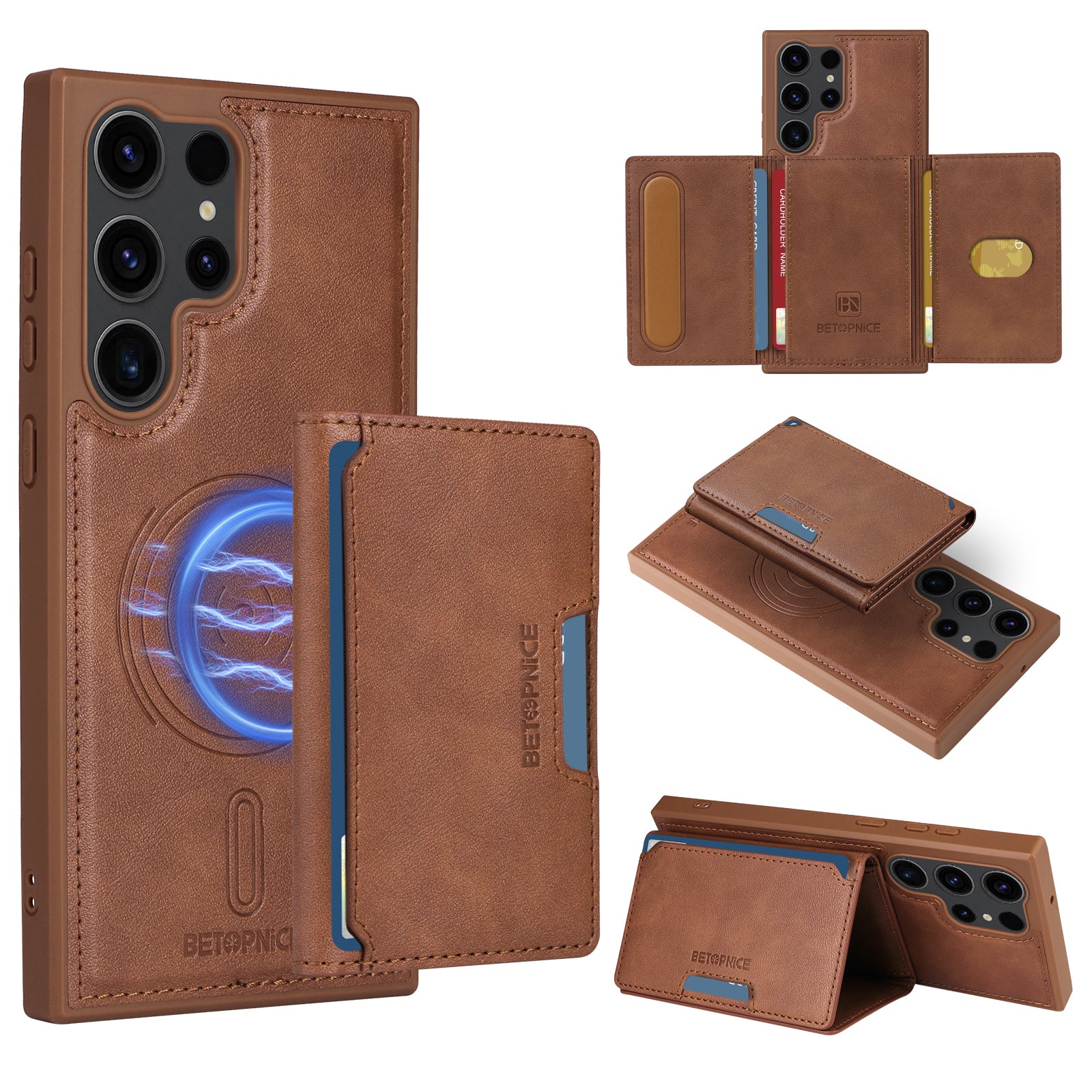 For Samsung Galaxy S23 Ultra Magnetic Case BETOPNICE Leather Phone Cover Kickstand with Detachable Card Bag