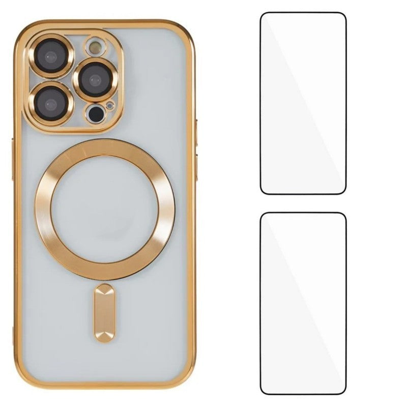 För iPhone 11 Pro magnetfodral WANLONFENG Elektropläterat TPU-fodral med linsfilm + 2 st härdat glas