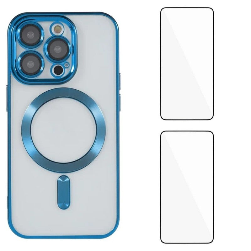 För iPhone 11 Pro magnetfodral WANLONFENG Elektropläterat TPU-fodral med linsfilm + 2 st härdat glas