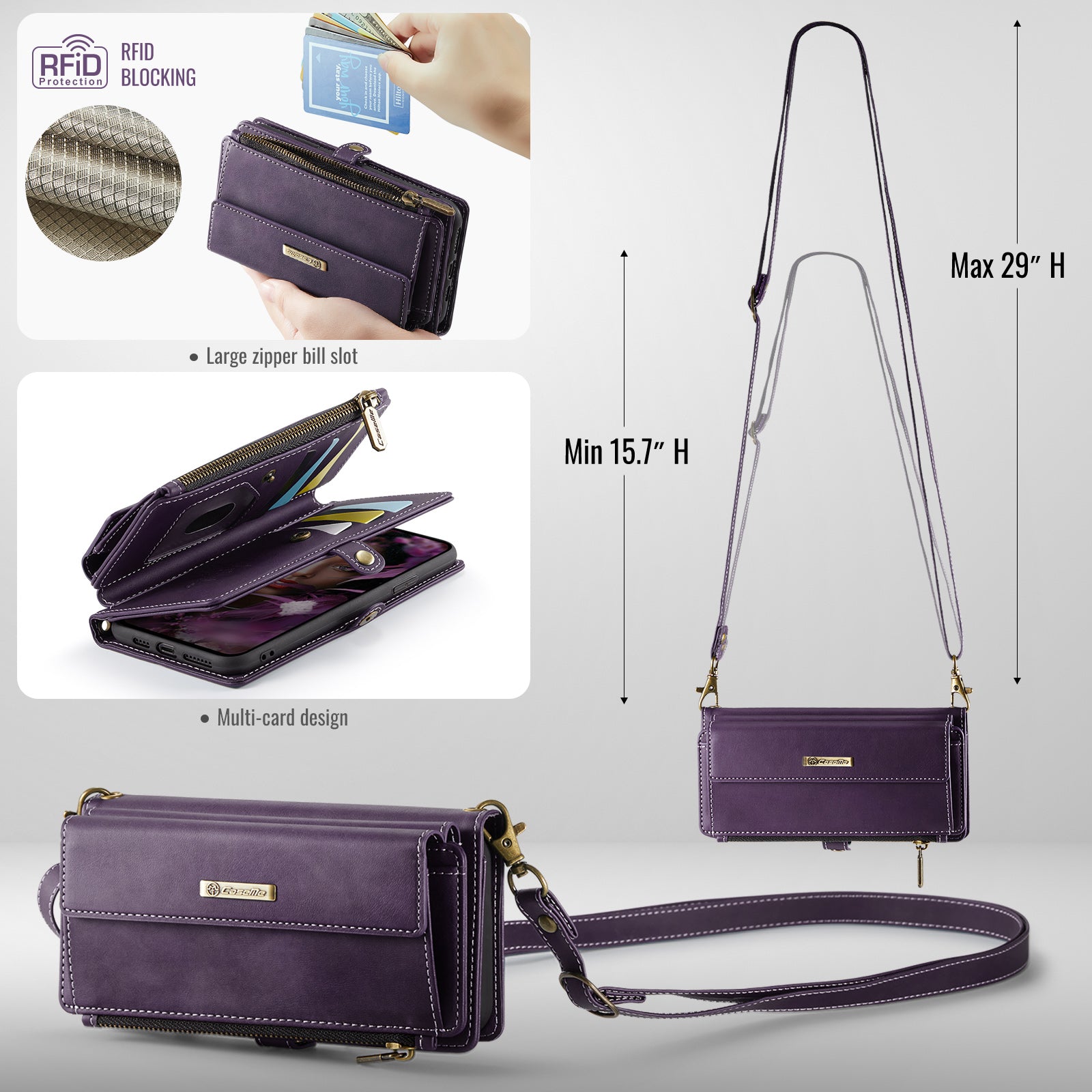 For iPhone XR 6.1 inch Case CASEME C39 RFID Blocking Zipper Wallet Stand Leather Cover with Stra