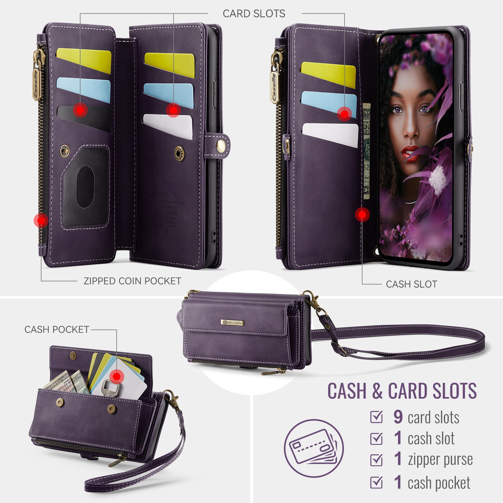 For iPhone XR 6.1 inch Case CASEME C39 RFID Blocking Zipper Wallet Stand Leather Cover with Stra