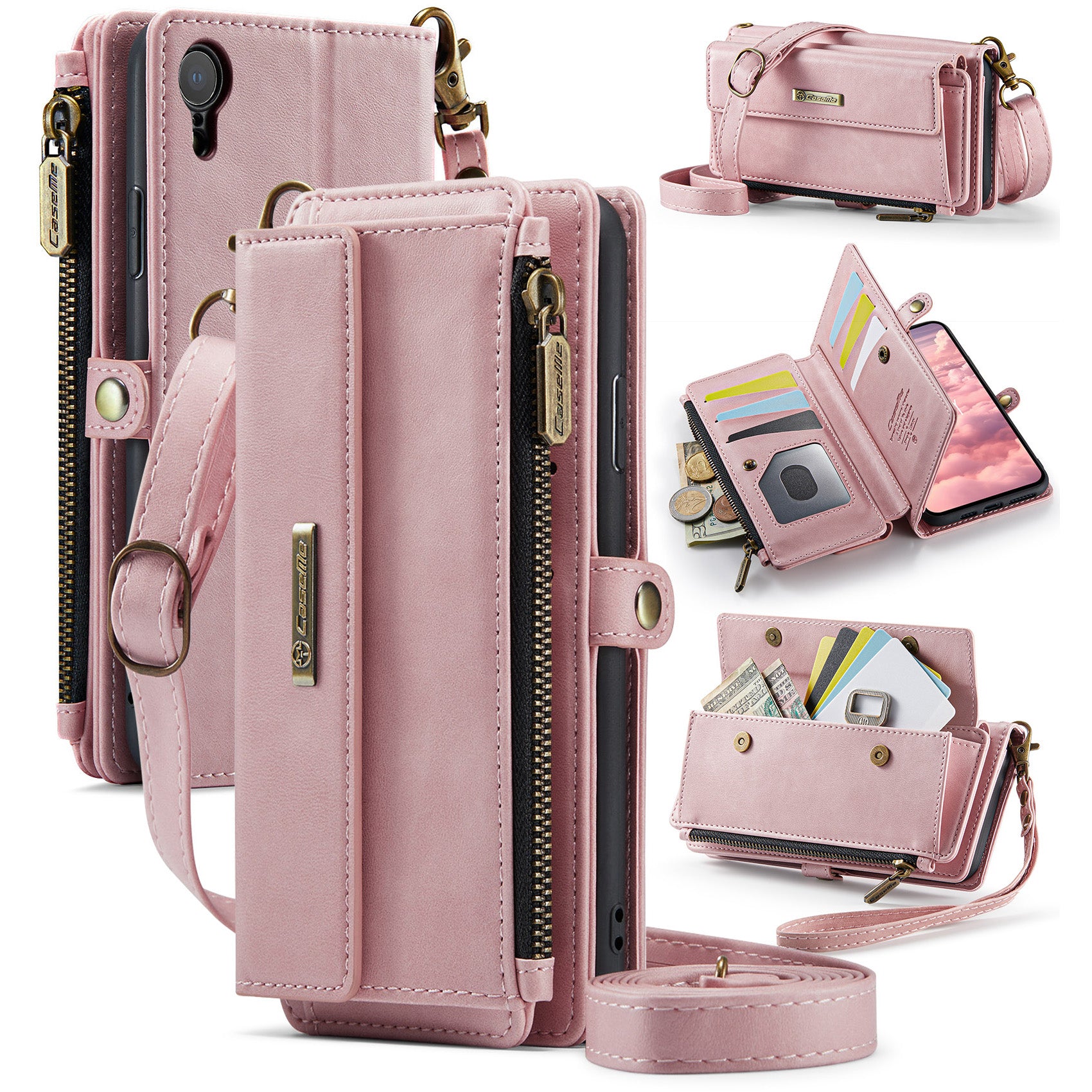 For iPhone XR 6.1 inch Case CASEME C39 RFID Blocking Zipper Wallet Stand Leather Cover with Stra