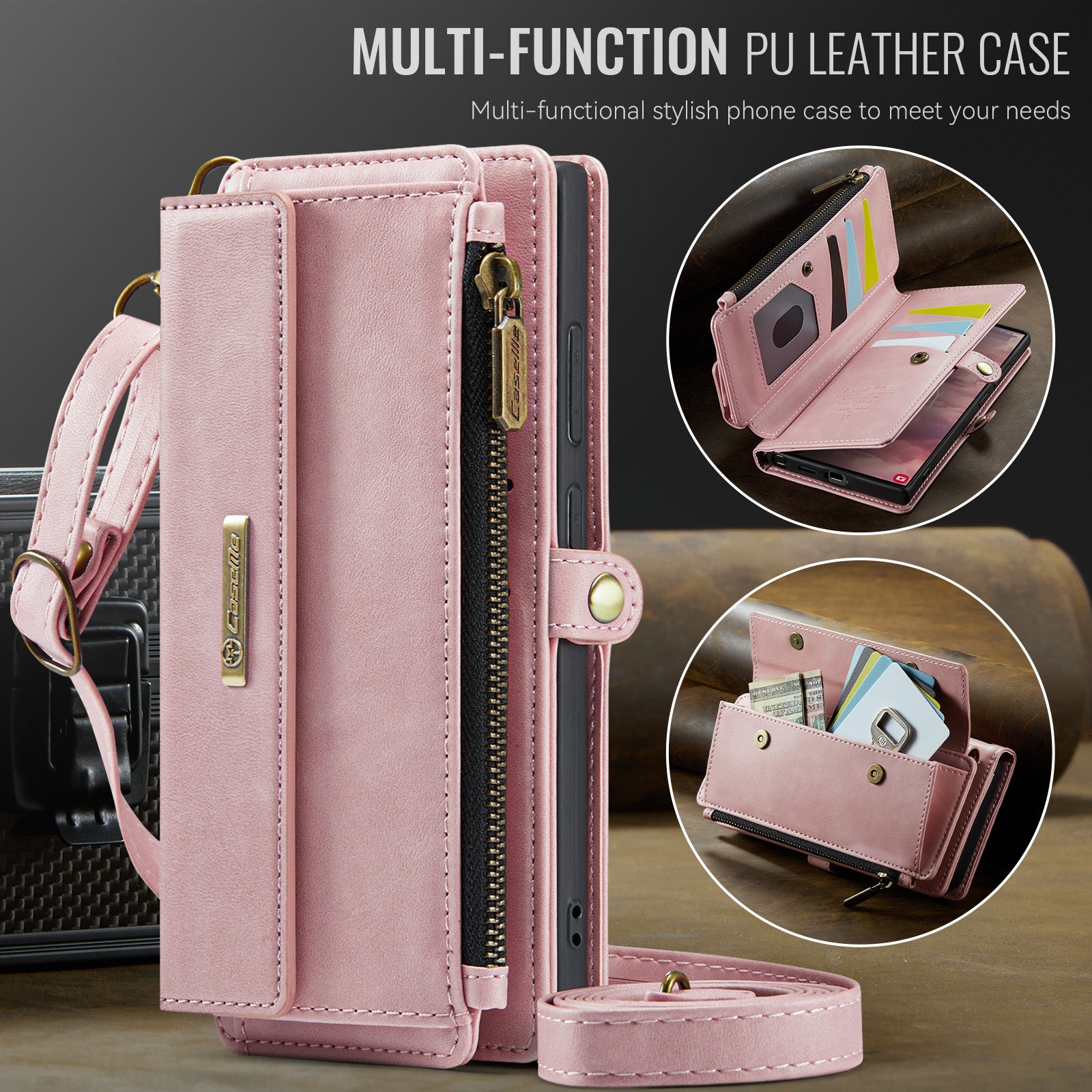 For Samsung Galaxy S23 Ultra Case CASEME C39 RFID Blocking Zipper Wallet Stand Leather Cover with Strap