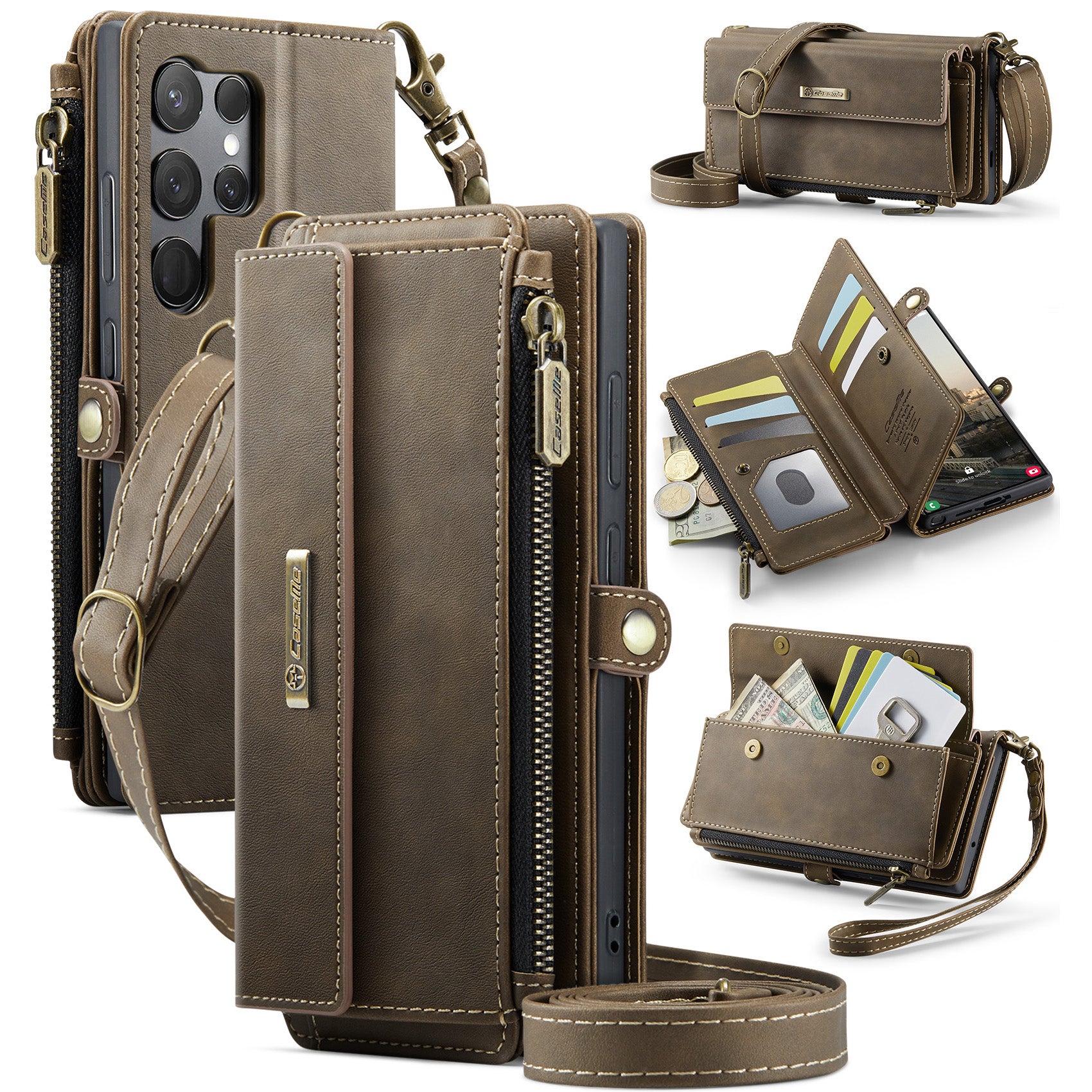 For Samsung Galaxy S23 Ultra Case CASEME C39 RFID Blocking Zipper Wallet Stand Leather Cover with Strap