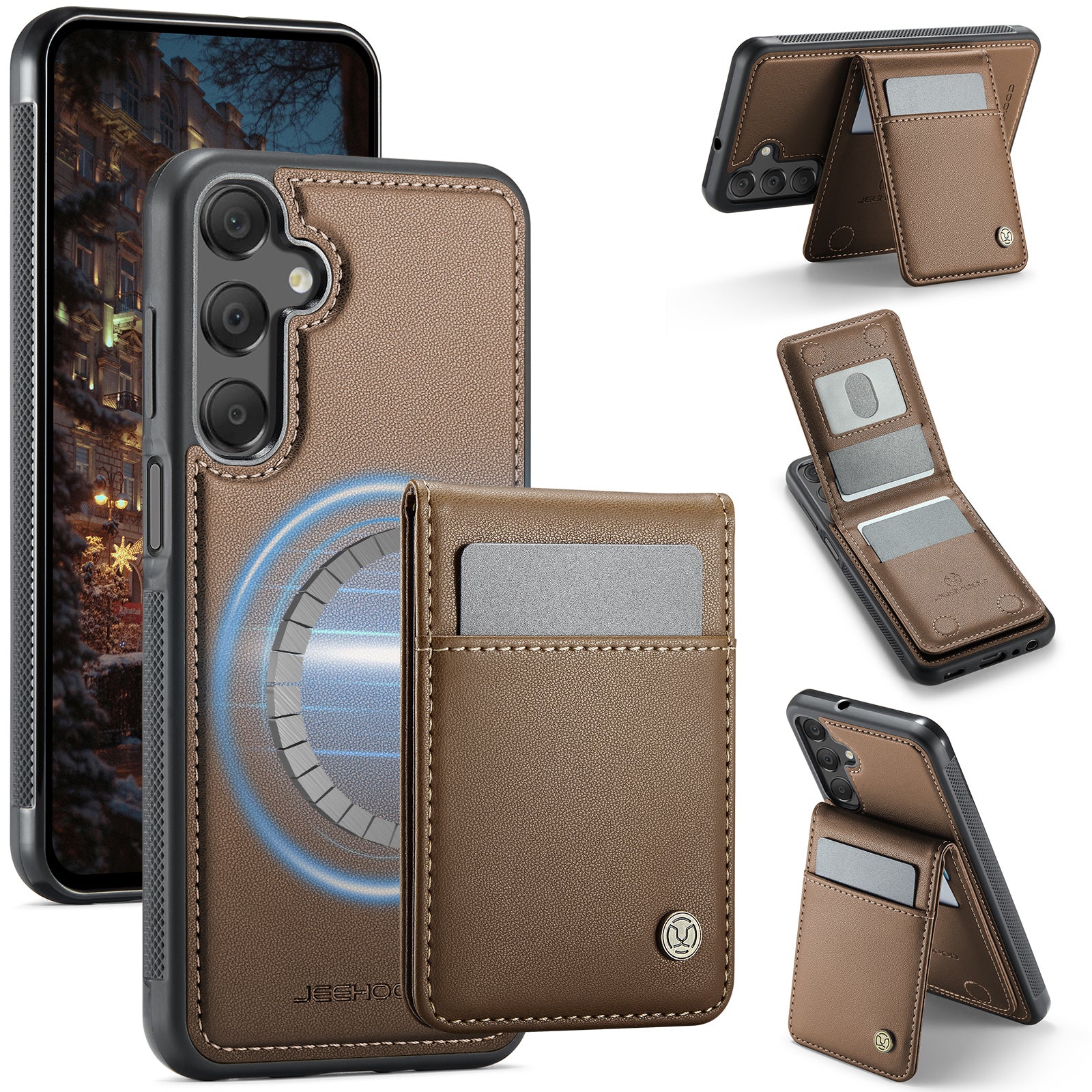 For Samsung Galaxy A25 5G (Global) (161.0 x 76.5 x 8.3mm) Leather Back Cover Compatible with MagSafe JEEHOOD J06 Phone Case with Card Bag RFID Blocking