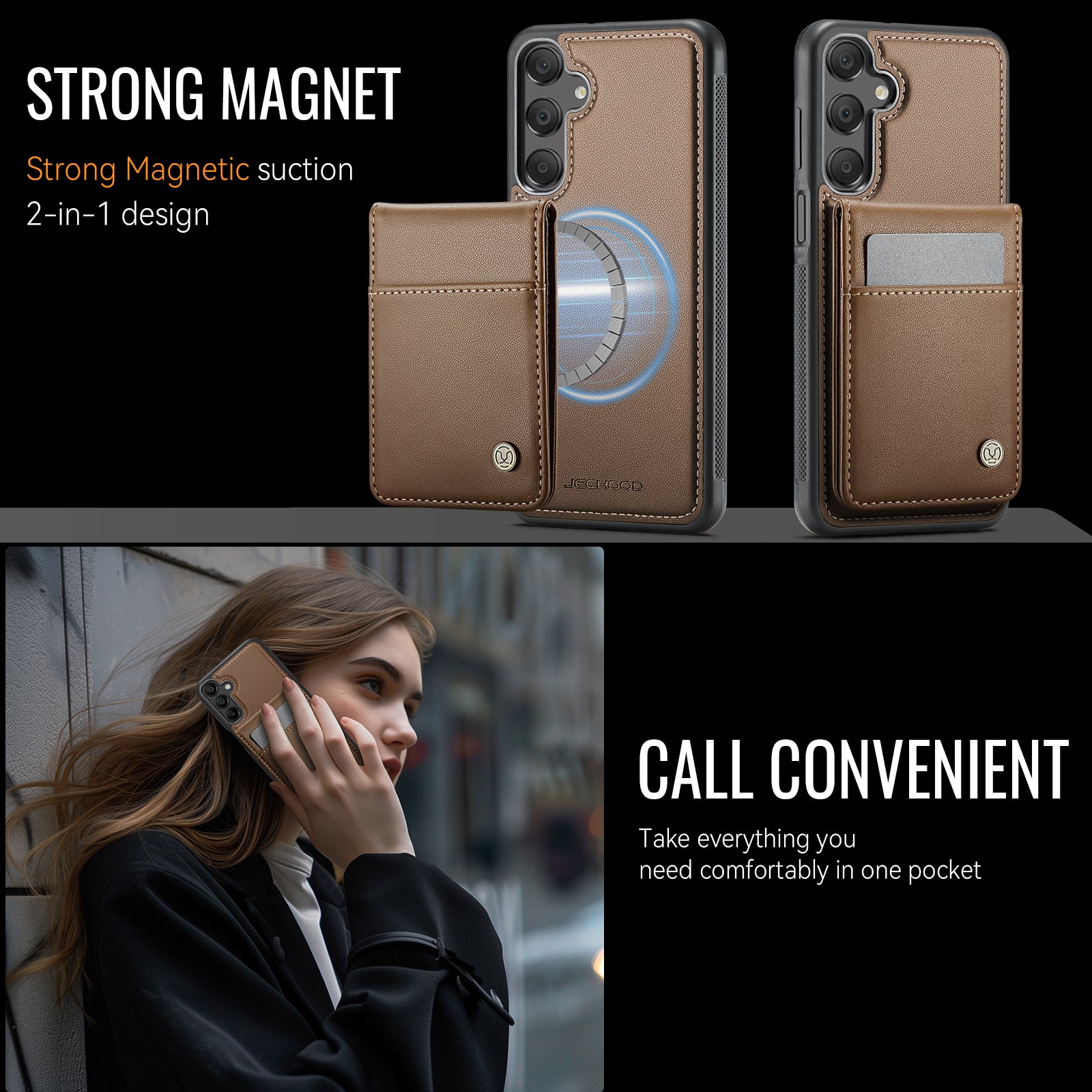 For Samsung Galaxy A25 5G (Global) (161.0 x 76.5 x 8.3mm) Leather Back Cover Compatible with MagSafe JEEHOOD J06 Phone Case with Card Bag RFID Blocking