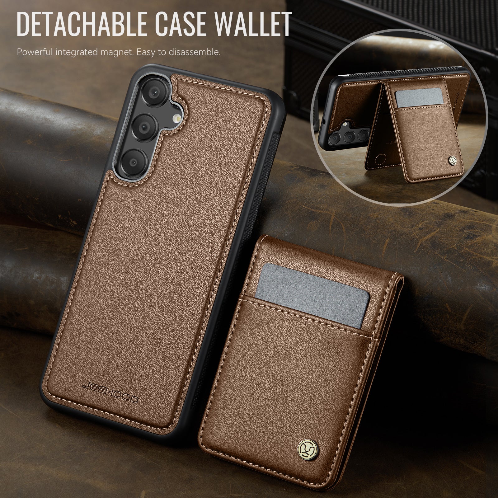 For Samsung Galaxy A25 5G (Global) (161.0 x 76.5 x 8.3mm) Leather Back Cover Compatible with MagSafe JEEHOOD J06 Phone Case with Card Bag RFID Blocking