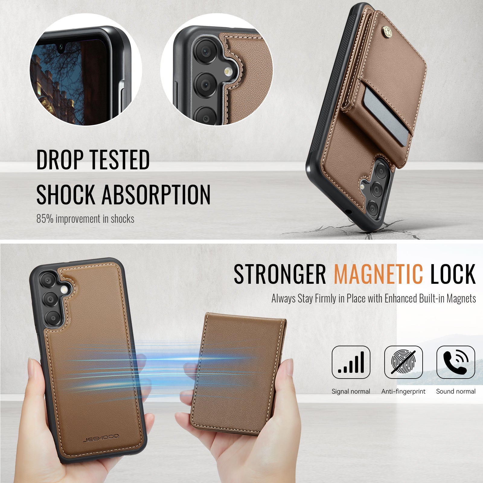 For Samsung Galaxy A25 5G (Global) (161.0 x 76.5 x 8.3mm) Leather Back Cover Compatible with MagSafe JEEHOOD J06 Phone Case with Card Bag RFID Blocking