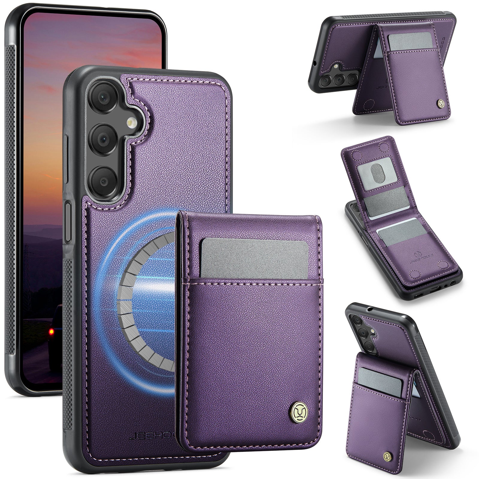 For Samsung Galaxy A25 5G (Global) (161.0 x 76.5 x 8.3mm) Leather Back Cover Compatible with MagSafe JEEHOOD J06 Phone Case with Card Bag RFID Blocking