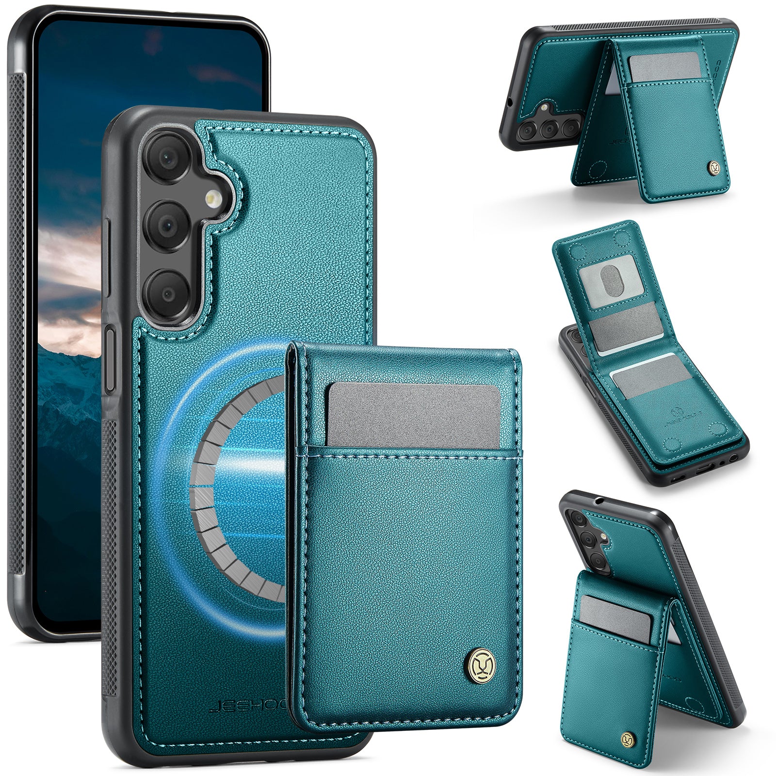 For Samsung Galaxy A25 5G (Global) (161.0 x 76.5 x 8.3mm) Leather Back Cover Compatible with MagSafe JEEHOOD J06 Phone Case with Card Bag RFID Blocking