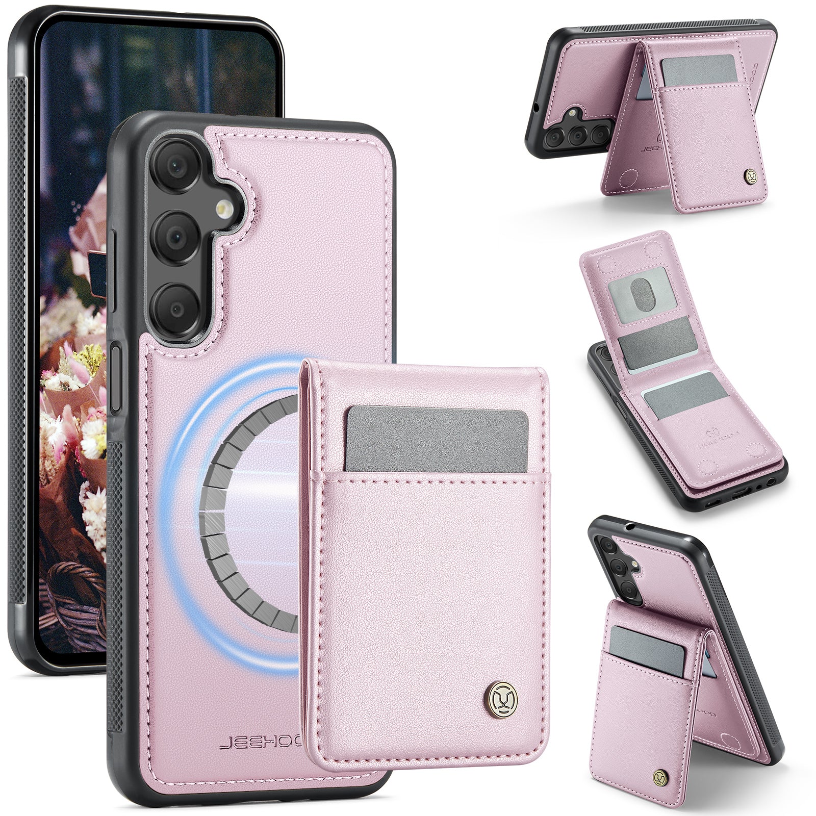 For Samsung Galaxy A25 5G (Global) (161.0 x 76.5 x 8.3mm) Leather Back Cover Compatible with MagSafe JEEHOOD J06 Phone Case with Card Bag RFID Blocking
