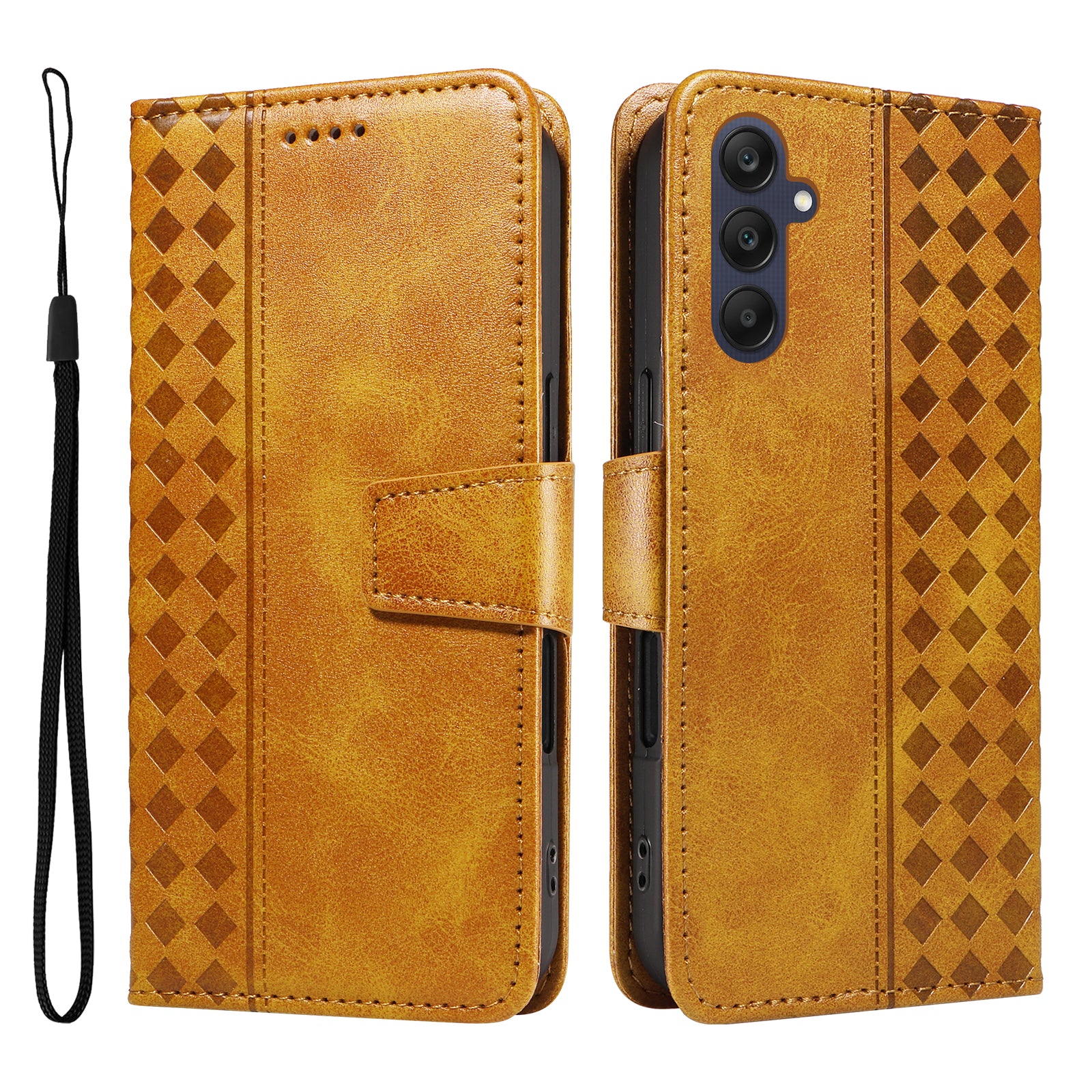 For Samsung Galaxy A25 5G (Global) (161.0 x 76.5 x 8.3mm) Leather Case Wallet Stand Grids Imprinted Phone Cover with Strap