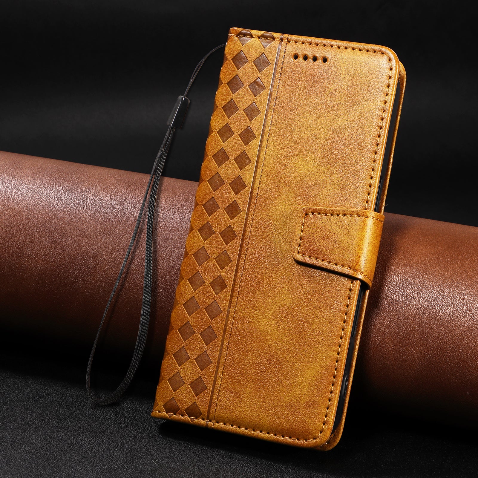 For Samsung Galaxy A25 5G (Global) (161.0 x 76.5 x 8.3mm) Leather Case Wallet Stand Grids Imprinted Phone Cover with Strap
