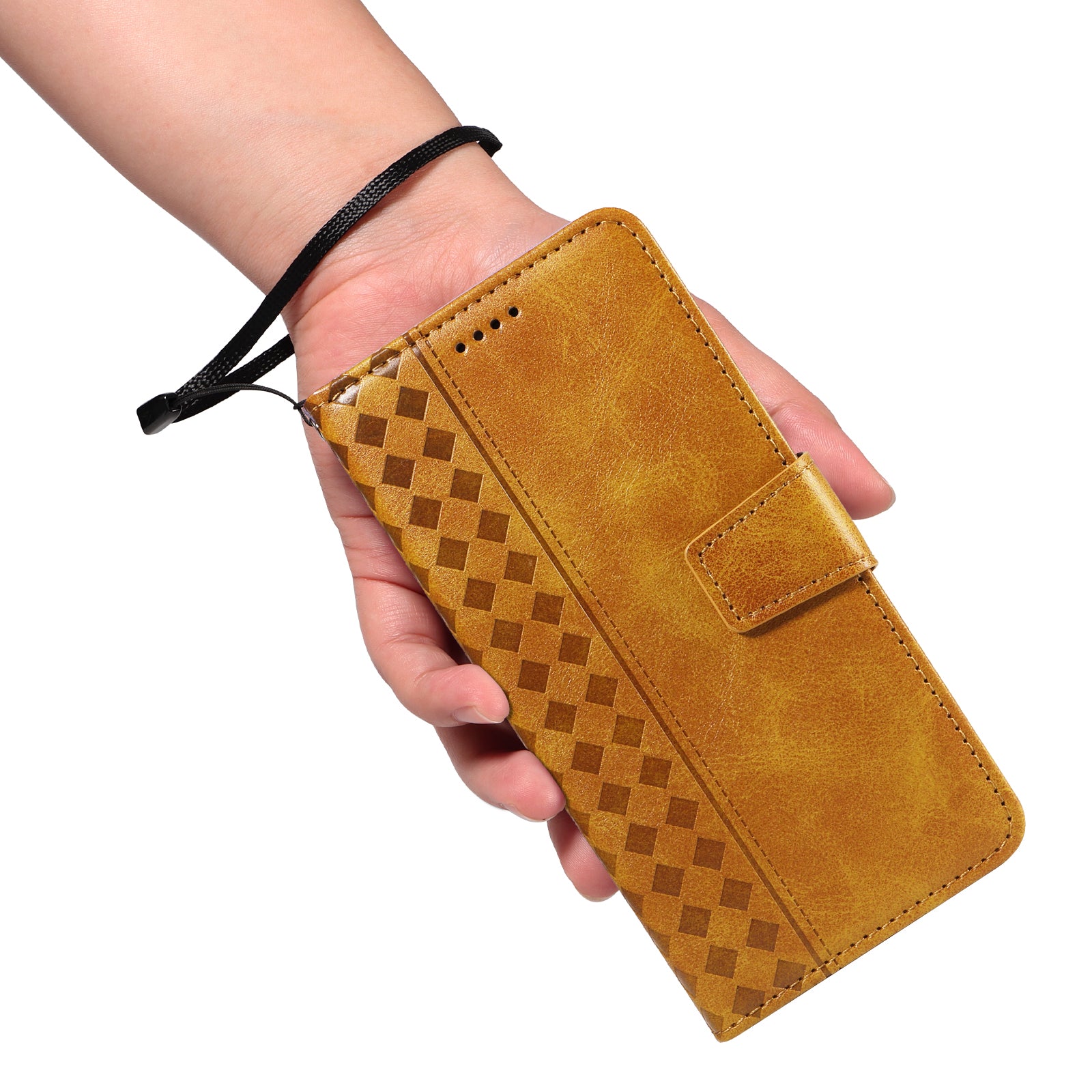 For Samsung Galaxy A25 5G (Global) (161.0 x 76.5 x 8.3mm) Leather Case Wallet Stand Grids Imprinted Phone Cover with Strap