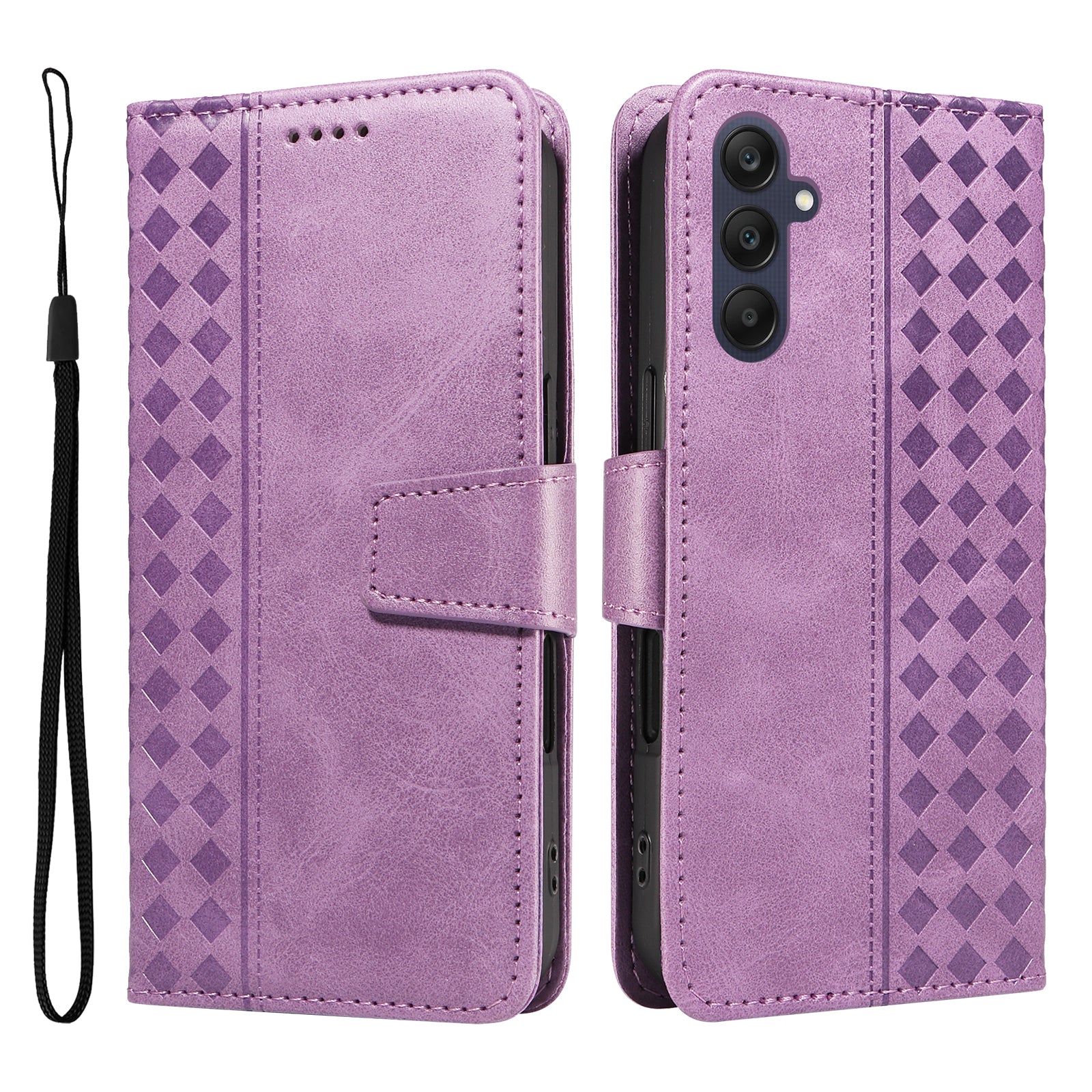 For Samsung Galaxy A25 5G (Global) (161.0 x 76.5 x 8.3mm) Leather Case Wallet Stand Grids Imprinted Phone Cover with Strap
