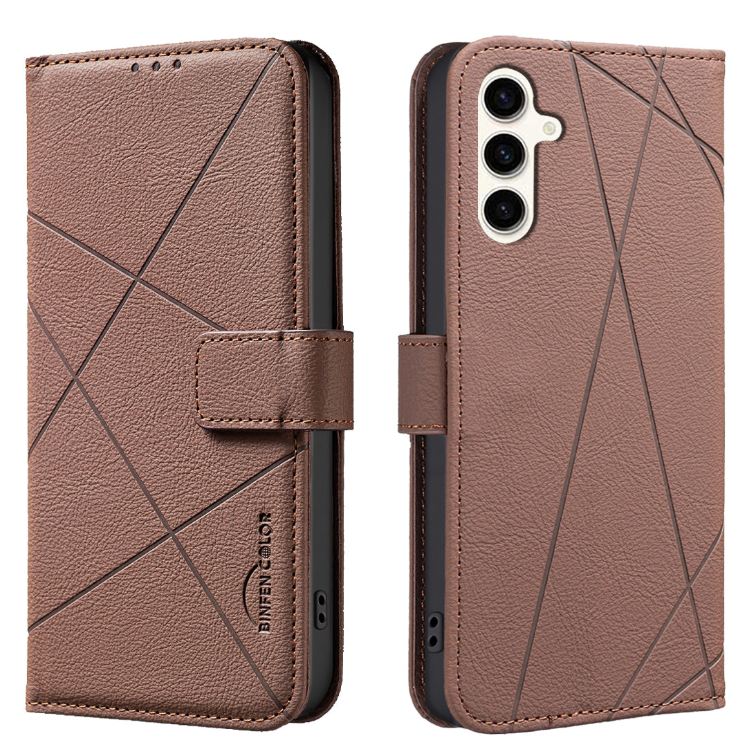For Samsung Galaxy A35 5G Case BINFEN COLOR BF35 Geometry Imprinted Leather Phone Cover RFID Blocking Wallet Stand