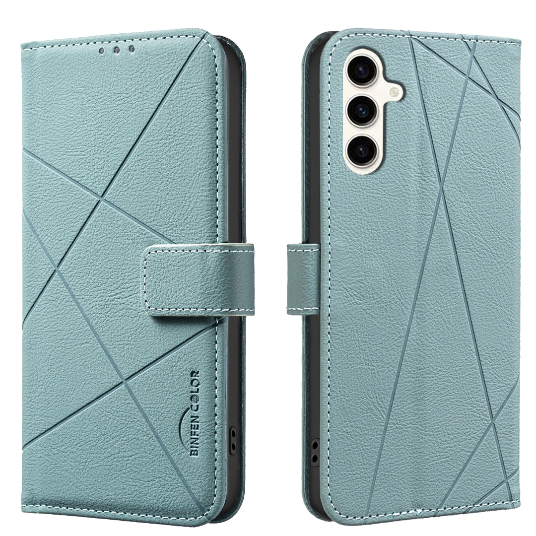 For Samsung Galaxy A35 5G Case BINFEN COLOR BF35 Geometry Imprinted Leather Phone Cover RFID Blocking Wallet Stand