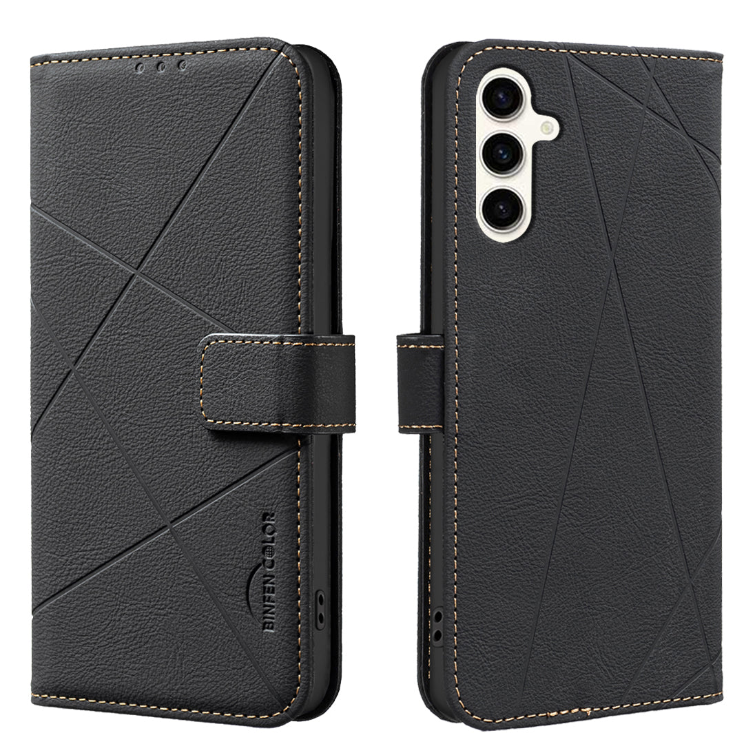 For Samsung Galaxy A35 5G Case BINFEN COLOR BF35 Geometry Imprinted Leather Phone Cover RFID Blocking Wallet Stand