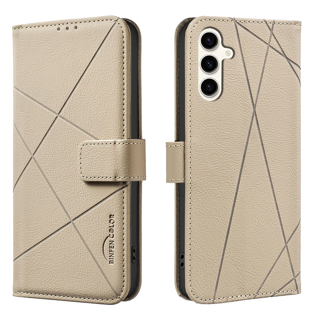 For Samsung Galaxy A35 5G Case BINFEN COLOR BF35 Geometry Imprinted Leather Phone Cover RFID Blocking Wallet Stand