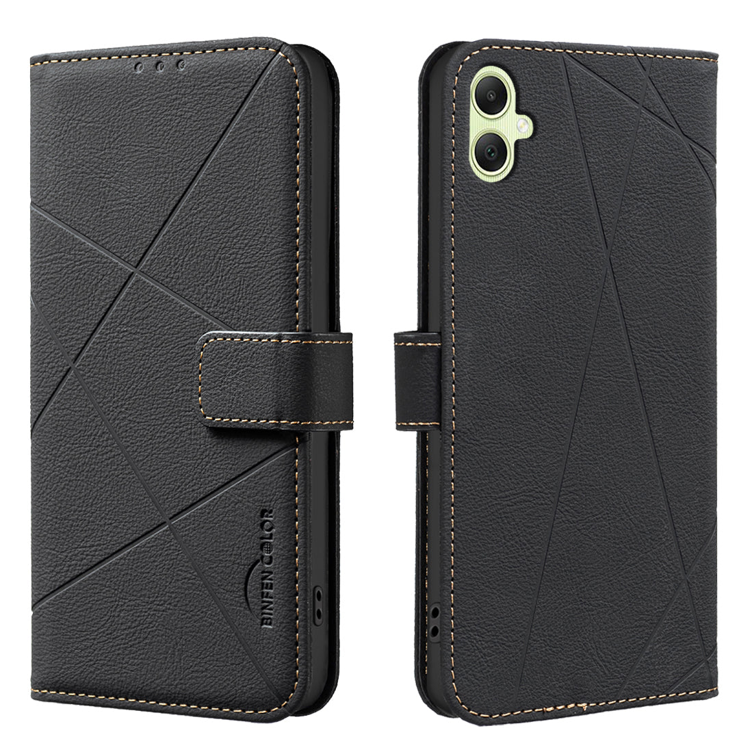 For Samsung Galaxy A05s 4G Case BINFEN COLOR BF35 Geometry Imprinted Leather Phone Cover RFID Blocking Wallet Stand