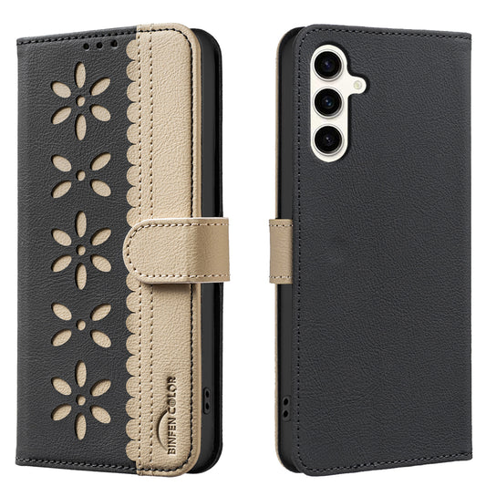 Läderfodral för Samsung Galaxy A34 5G BINFEN COLOR BF36 Blommönster Telefonskal RFID-blockerande plånboksfodral