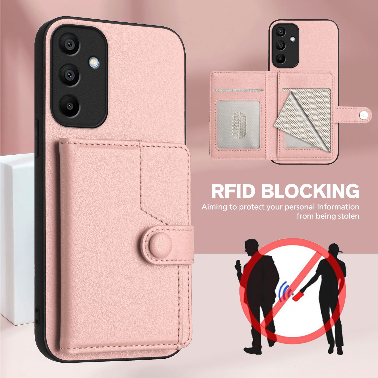 For Samsung Galaxy A15 4G Case RFID Blocking Card Holder Kickstand TPU + PU Leather Phone Back Cover