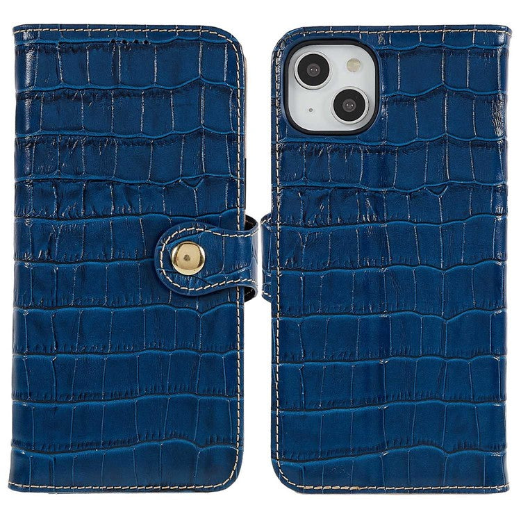 För iPhone 14 Plus äkta kohudsläder Anti-dropp telefonfodral Crocodile Texture Stand Fullt skydd Flip Plånboksfodral