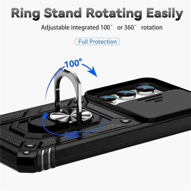 Slide Camera Protector Back Case for Samsung Galaxy S23+, PC + TPU Protective Phone Cover with Metal Ring Kickstand