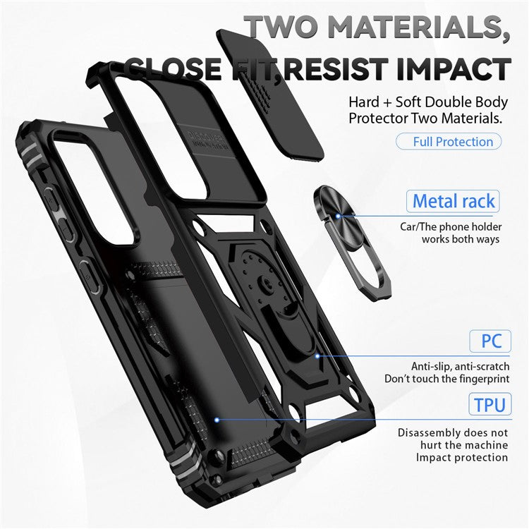 Slide Camera Protector Back Case for Samsung Galaxy S23+, PC + TPU Protective Phone Cover with Metal Ring Kickstand