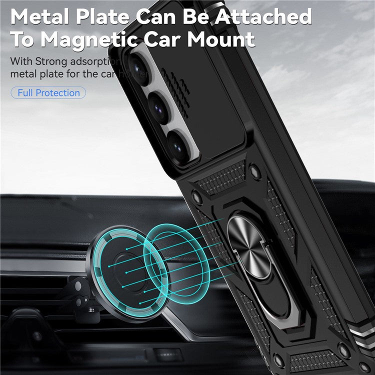 Slide Camera Protector Back Case for Samsung Galaxy S23+, PC + TPU Protective Phone Cover with Metal Ring Kickstand