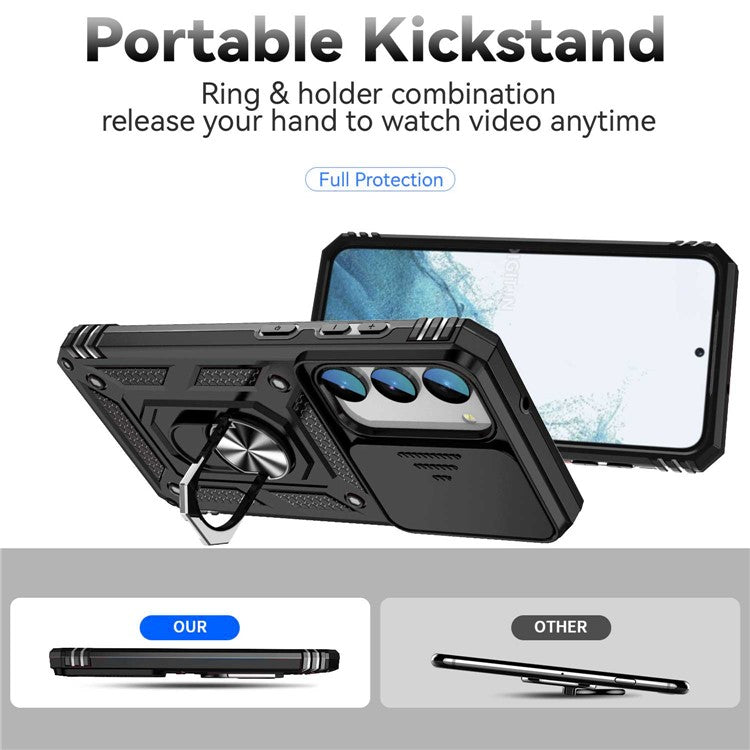 Slide Camera Protector Back Case for Samsung Galaxy S23+, PC + TPU Protective Phone Cover with Metal Ring Kickstand