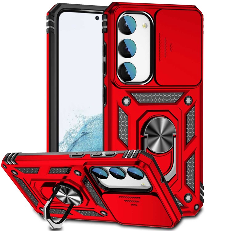 Slide Camera Protector Back Case for Samsung Galaxy S23+, PC + TPU Protective Phone Cover with Metal Ring Kickstand
