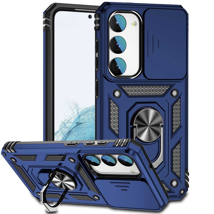 Slide Camera Protector Back Case for Samsung Galaxy S23+, PC + TPU Protective Phone Cover with Metal Ring Kickstand