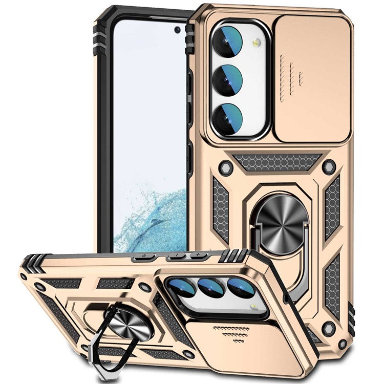 Slide Camera Protector Back Case for Samsung Galaxy S23+, PC + TPU Protective Phone Cover with Metal Ring Kickstand
