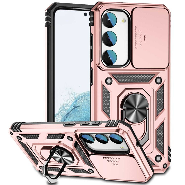 Slide Camera Protector Back Case for Samsung Galaxy S23+, PC + TPU Protective Phone Cover with Metal Ring Kickstand