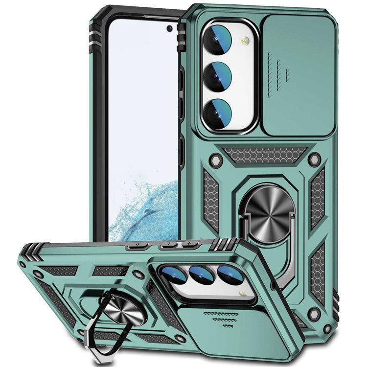 Slide Camera Protector Back Case for Samsung Galaxy S23+, PC + TPU Protective Phone Cover with Metal Ring Kickstand