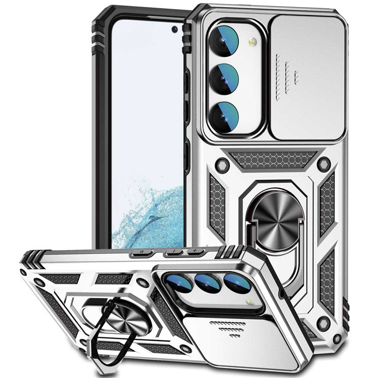 Slide Camera Protector Back Case for Samsung Galaxy S23+, PC + TPU Protective Phone Cover with Metal Ring Kickstand