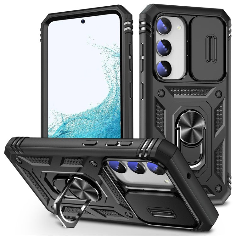 For Samsung Galaxy S23+ Anti-fall Phone Case with Ring Kickstand Card Holder Phone Back Cover with Sliding Camera Lid