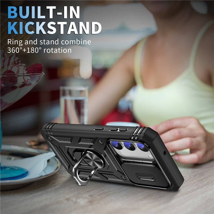 For Samsung Galaxy S23+ Anti-fall Phone Case with Ring Kickstand Card Holder Phone Back Cover with Sliding Camera Lid