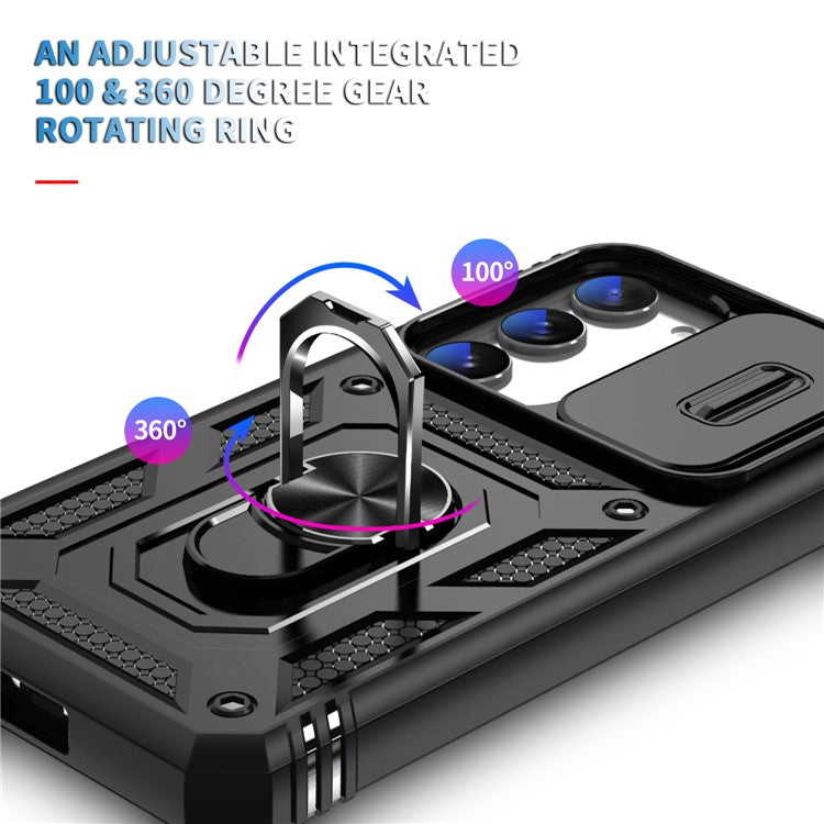 For Samsung Galaxy S23+ Anti-fall Phone Case with Ring Kickstand Card Holder Phone Back Cover with Sliding Camera Lid
