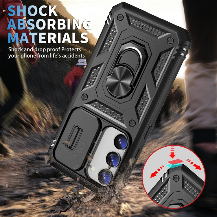 For Samsung Galaxy S23+ Anti-fall Phone Case with Ring Kickstand Card Holder Phone Back Cover with Sliding Camera Lid