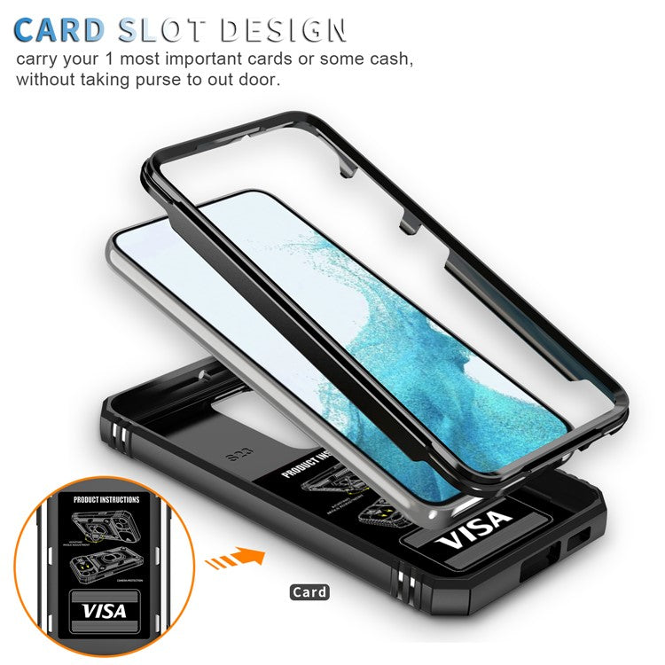 For Samsung Galaxy S23+ Anti-fall Phone Case with Ring Kickstand Card Holder Phone Back Cover with Sliding Camera Lid