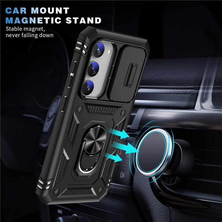 For Samsung Galaxy S23+ Anti-fall Phone Case with Ring Kickstand Card Holder Phone Back Cover with Sliding Camera Lid