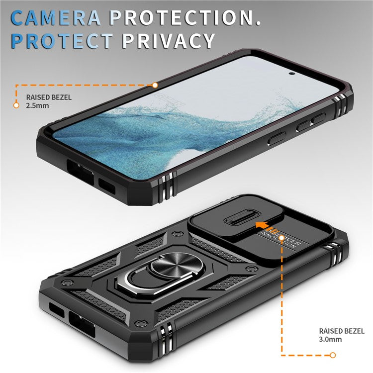 For Samsung Galaxy S23+ Anti-fall Phone Case with Ring Kickstand Card Holder Phone Back Cover with Sliding Camera Lid