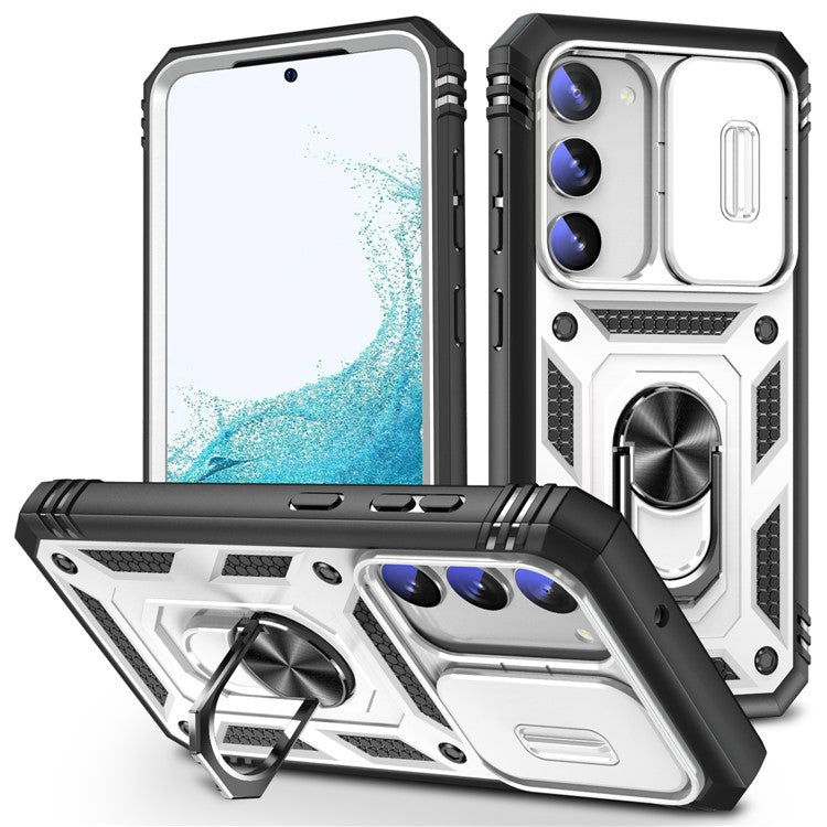 For Samsung Galaxy S23+ Anti-fall Phone Case with Ring Kickstand Card Holder Phone Back Cover with Sliding Camera Lid