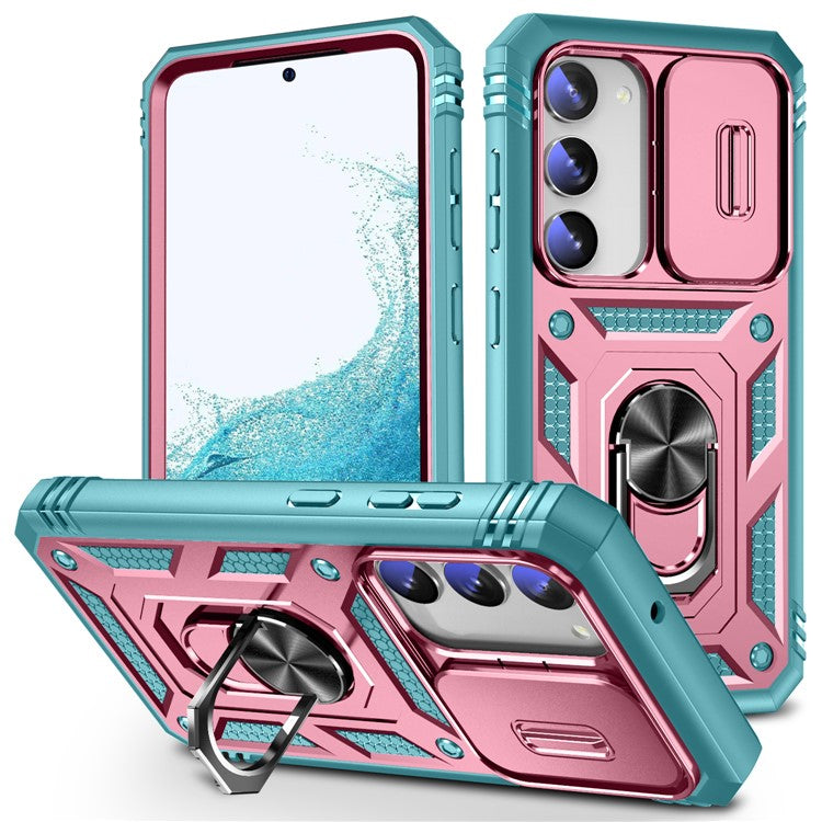 For Samsung Galaxy S23+ Anti-fall Phone Case with Ring Kickstand Card Holder Phone Back Cover with Sliding Camera Lid